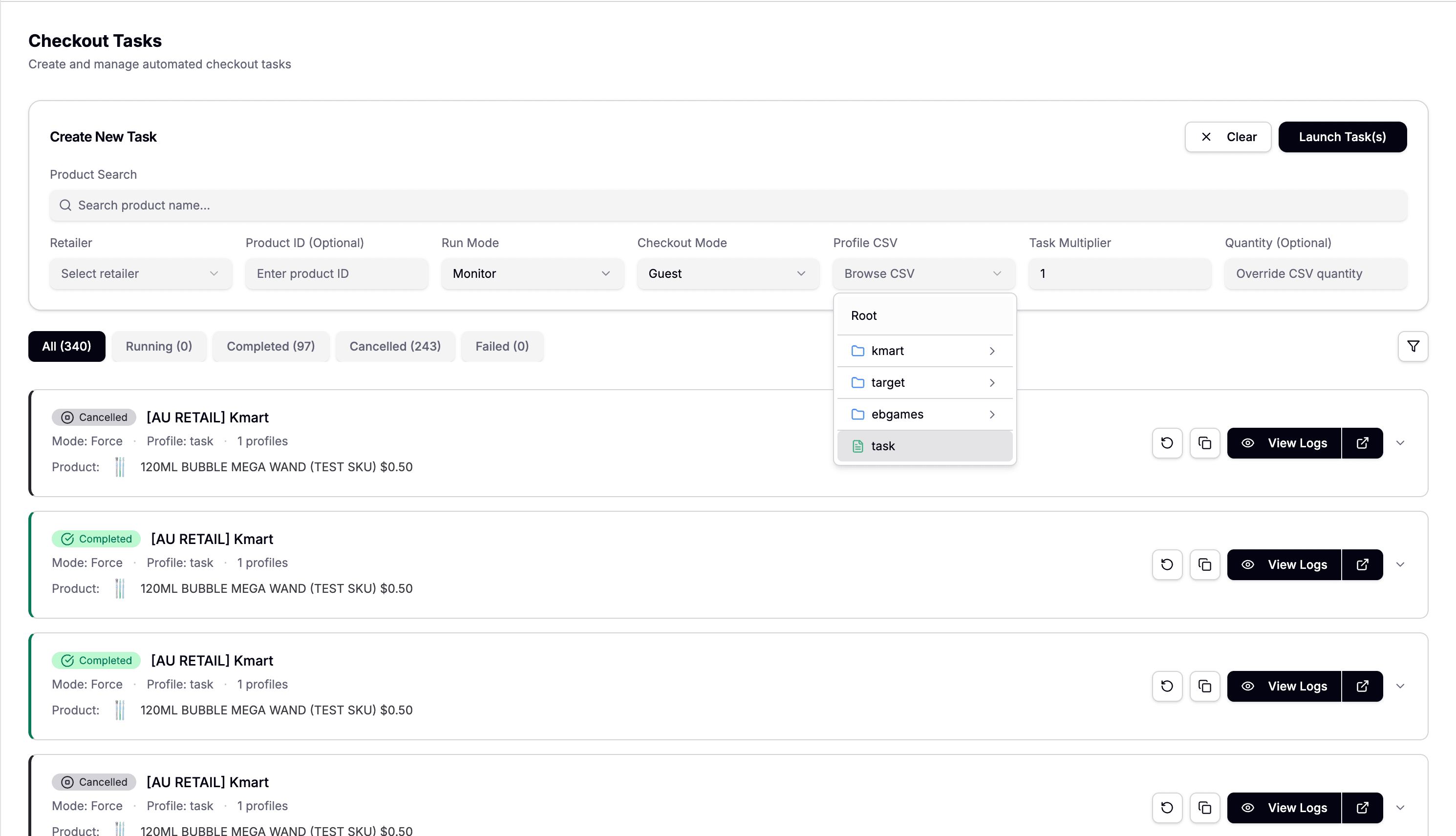 Axen CSV profile management with folder organization