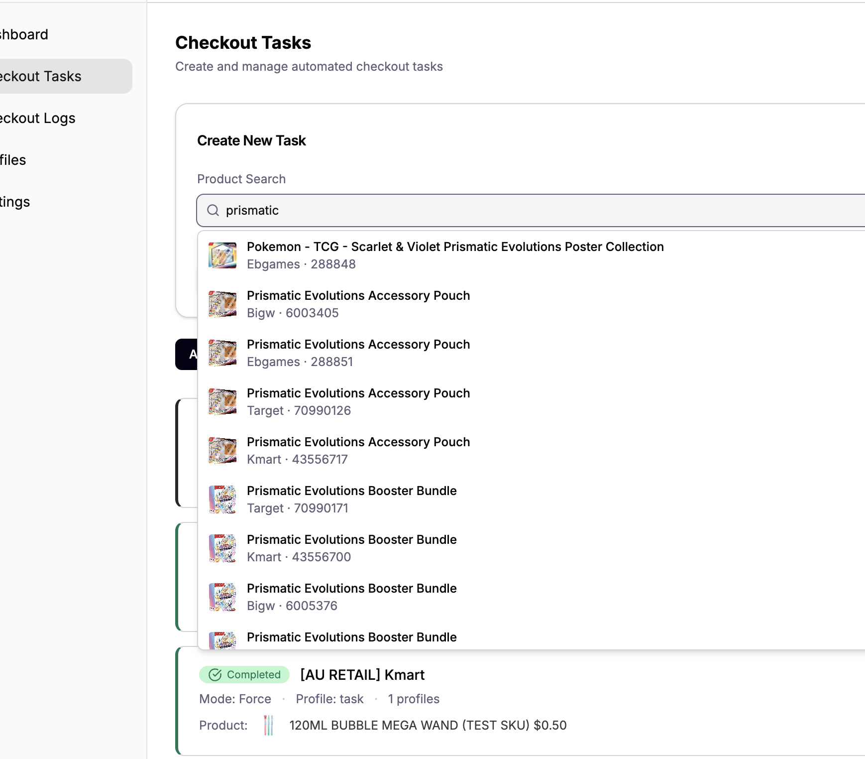 Axen product search showing real-time results across retailers
